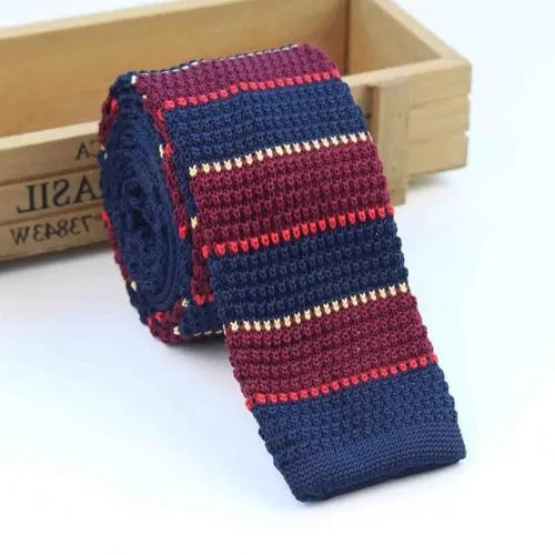 Navy Blue Wine Red Square Knit Tie for Classy Men