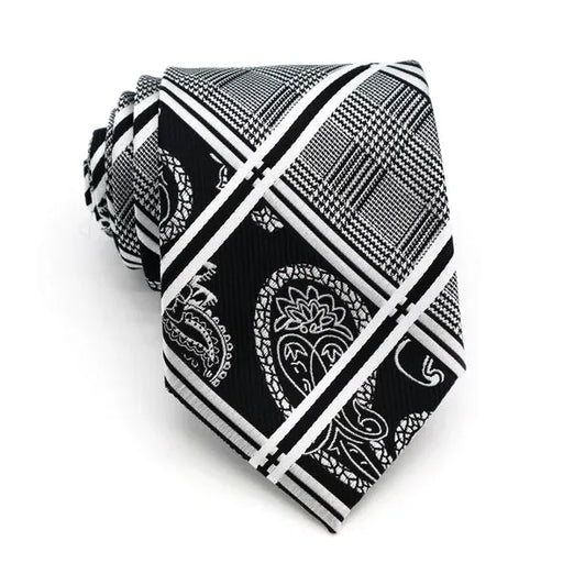 Elegant Silk Tie with Black and White Paisley Stripes and Tartan Pattern for Men