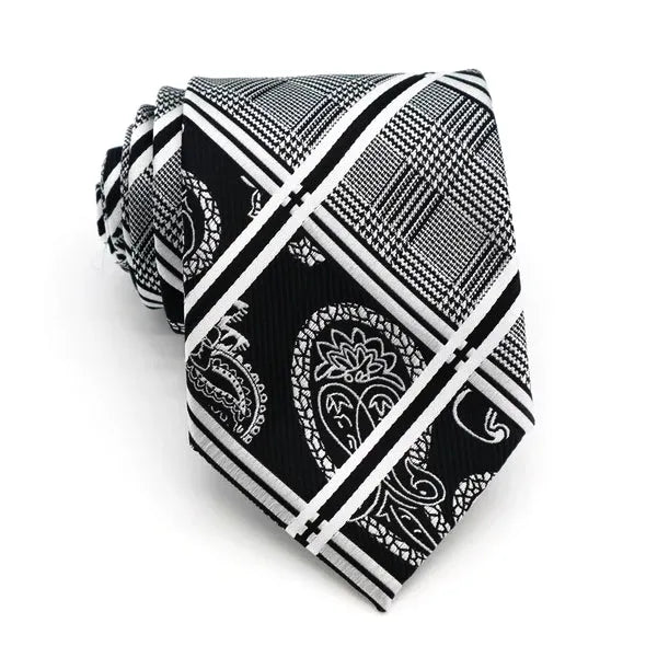 Elegant Silk Tie with Black and White Paisley Stripes and Tartan Pattern for Men
