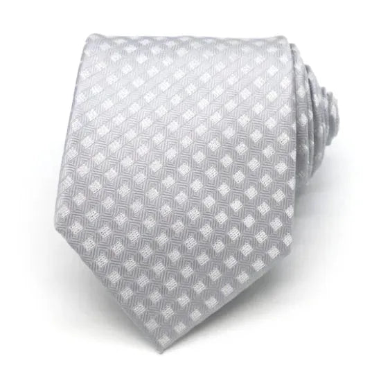 Elegant Silver Silk Tie with White Dots for Stylish Men