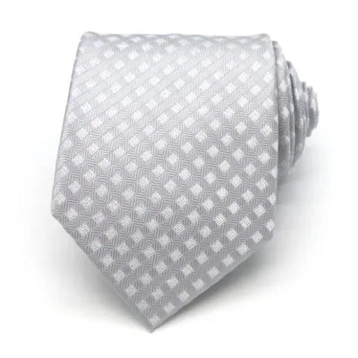 Elegant Silver Silk Tie with White Dots for Stylish Men
