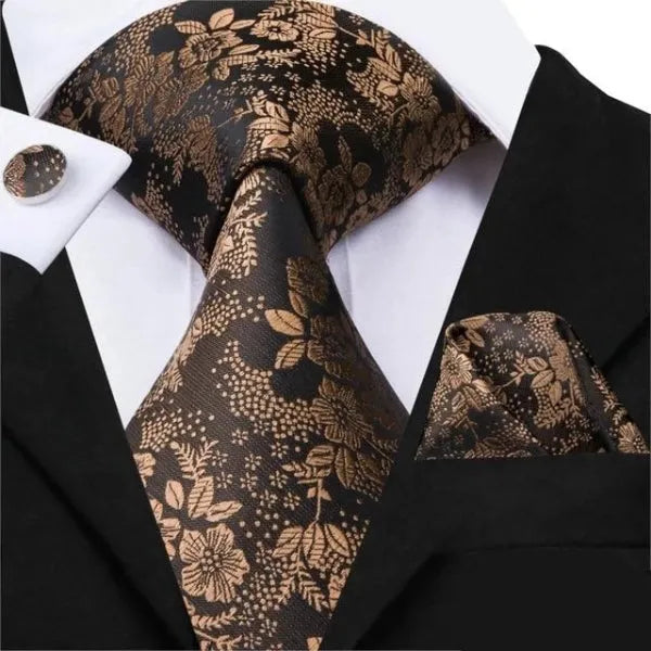 Black Silk Tie with Rose Gold Floral Design for Classy Men