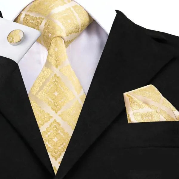 Elegant Gold Yellow Floral Silk Tie for Men