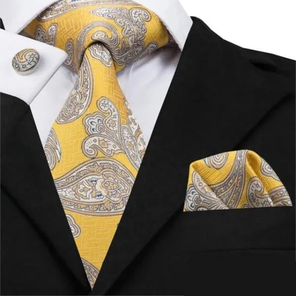 Mens Silk Tie in Yellow and White Paisley Design Classy Accessory