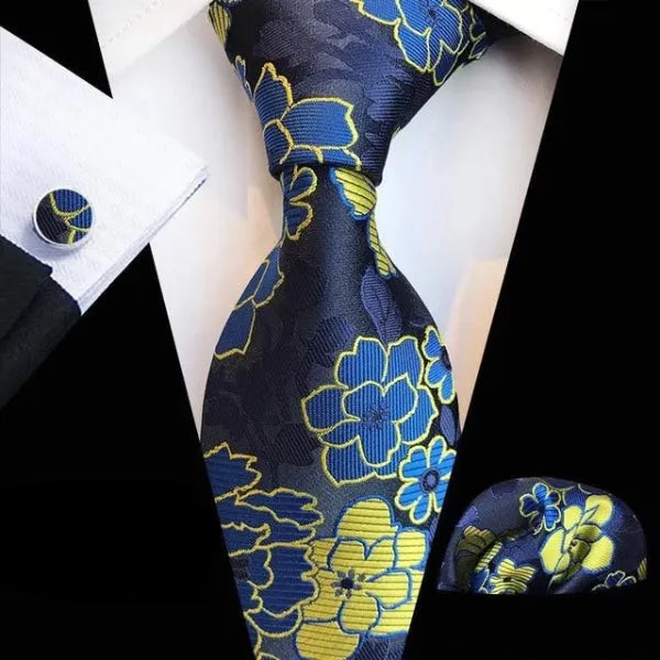 Elegant Blue and Yellow Floral Silk Tie for Men