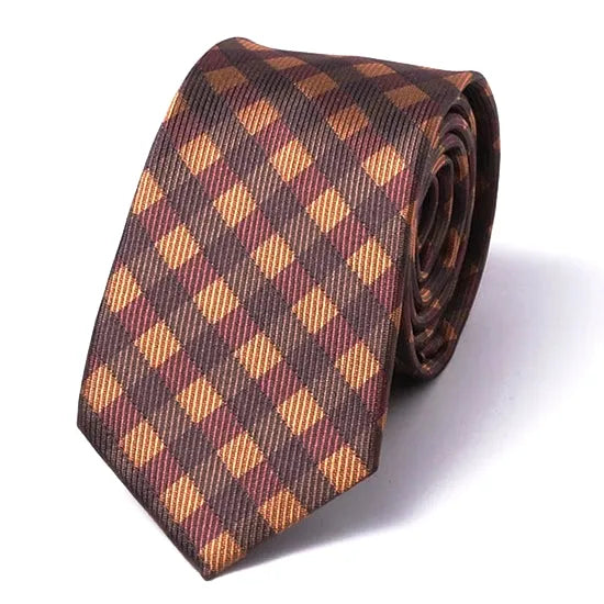 Brown Gingham Silk Skinny Tie for Men - Classy Accessory for Any Occasion