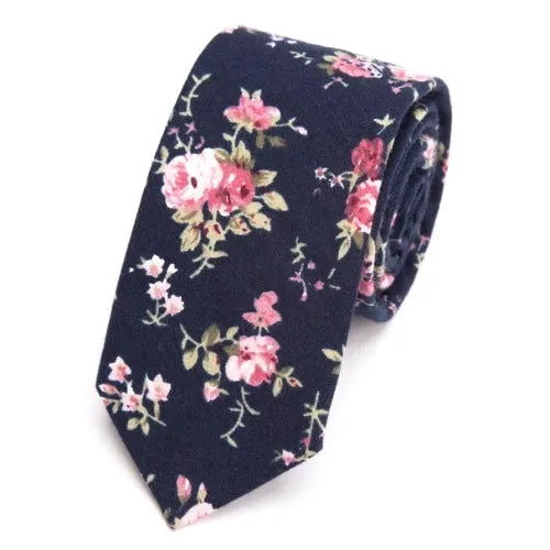 Dark Blue Floral Skinny Tie for Men - Elegant Cotton Accessory