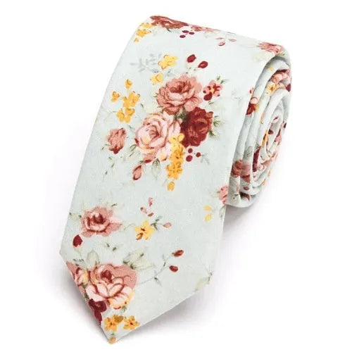 Mint Green Floral Skinny Tie for Men Classy Cotton Accessory