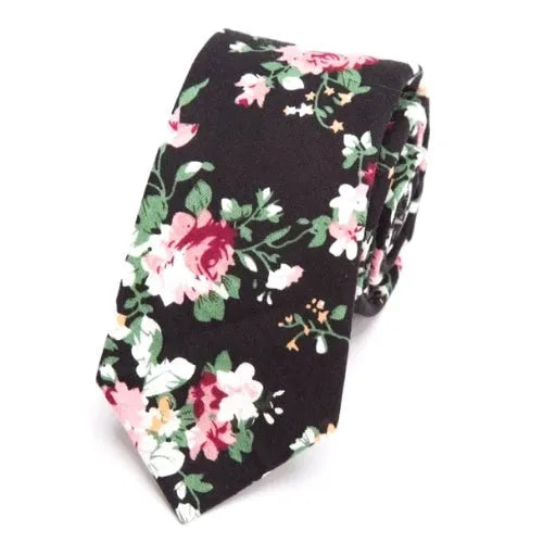 Black Floral Skinny Tie for Men - Elegant Cotton Accessory