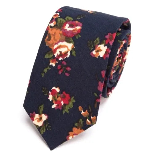 Navy Blue Floral Skinny Tie for Men - Classy Cotton Accessory