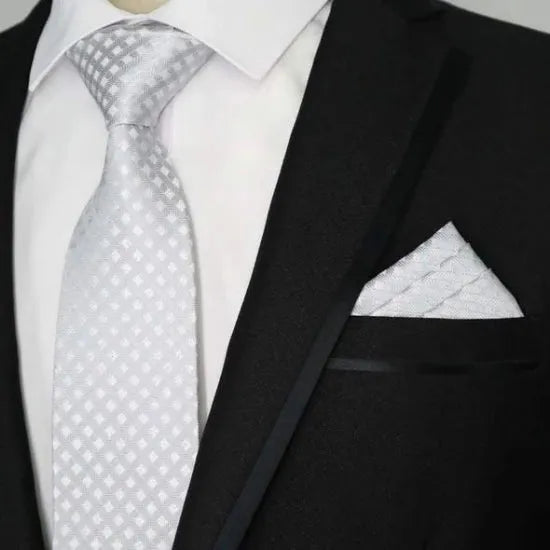 Elegant Silver Silk Tie with White Dots for Stylish Men