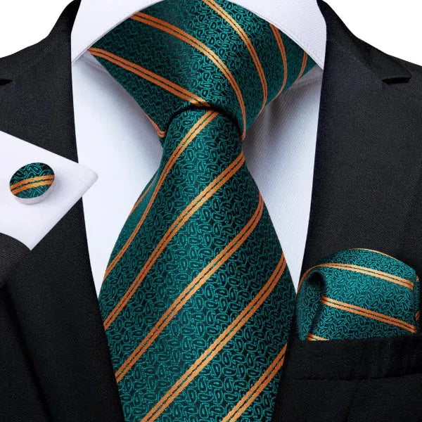 Teal Gold Paisley Striped Silk Tie for Men - Classy Accessory