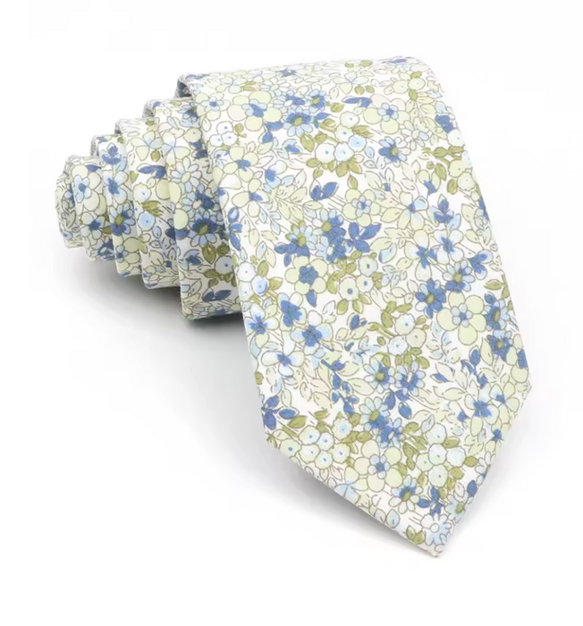 Cravate en soie à mini fleurs jaunes et bleues pour homme élégant