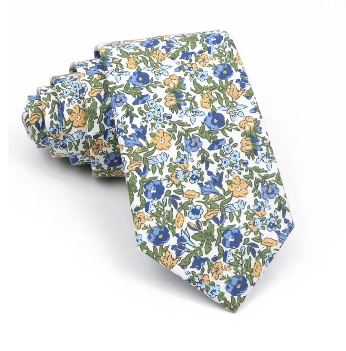 Cravate en soie à mini fleurs jaunes et bleues pour homme élégant