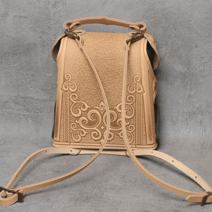 Stylish Women's Backpack in Beige and Black with Unique Embossed Design