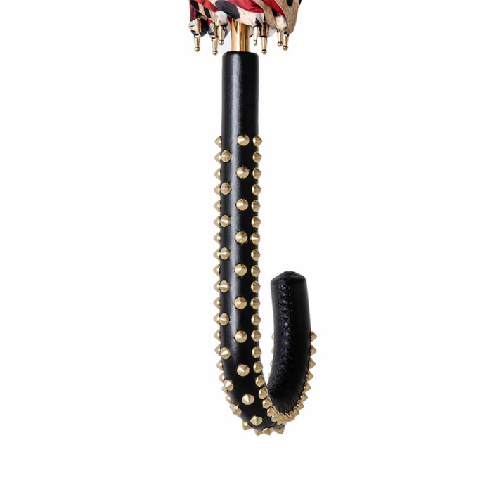 elegant red rose and leopard print umbrella with interesting handle 