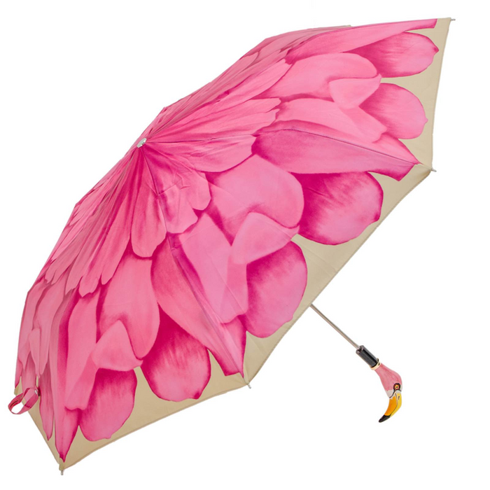 Pink Dahlia Flamingo Handle Luxury Folding Umbrella