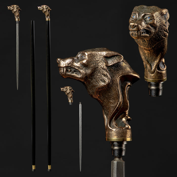 Handcrafted wolf-themed walking cane with blue eyes