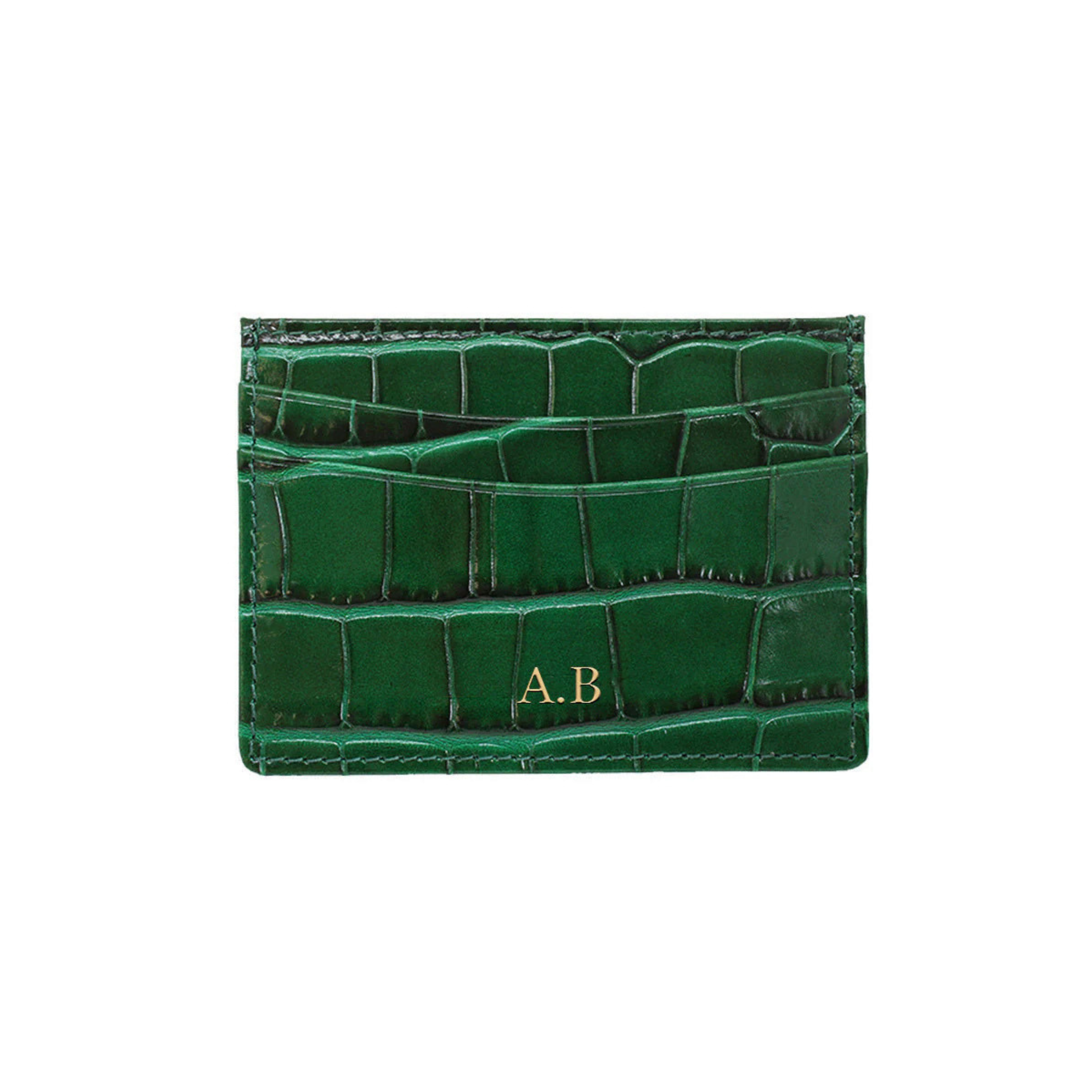 Green Embossed Crocodile Card Holder Italian Leather Green