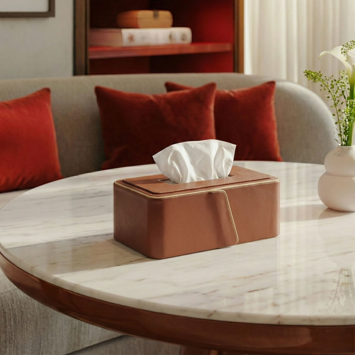 Cognac Leather Executive Office Desk Set with Beige Edge Detailing