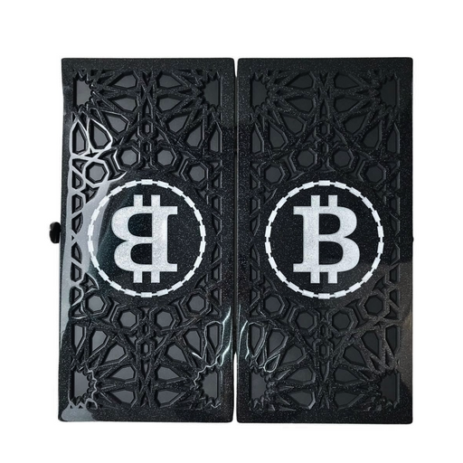 Stone backgammon set with Bitcoin symbol on top