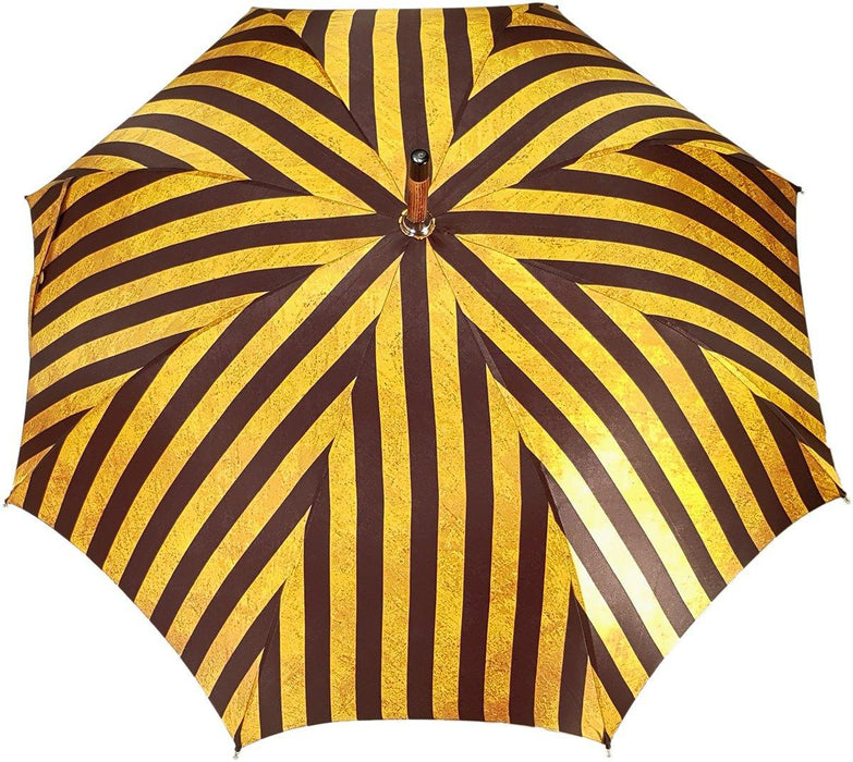 Handcrafted Umbrella - Striped Gold and Dark Brown  - Chestnut Wood-Handle - Artynov | Unique Handmade Accessories