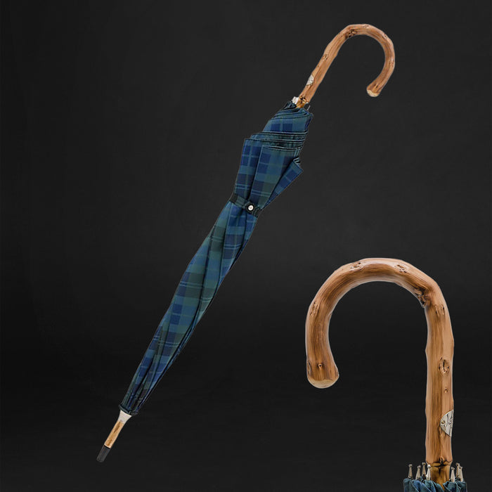blue check umbrella with wooden handle