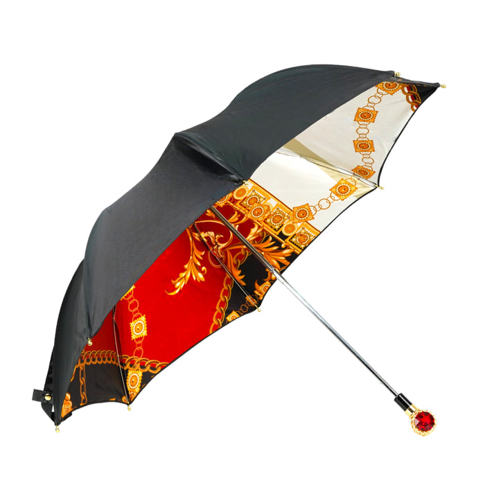 Folding Black Umbrella Adorned with Bold Red Crystal