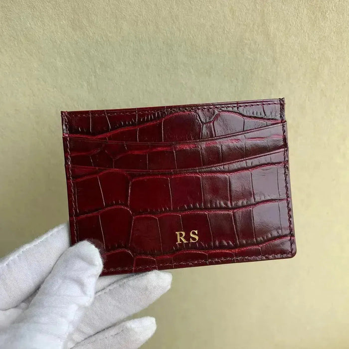 Burgundy Crocodile Pattern Leather Card Holder Handcrafted
