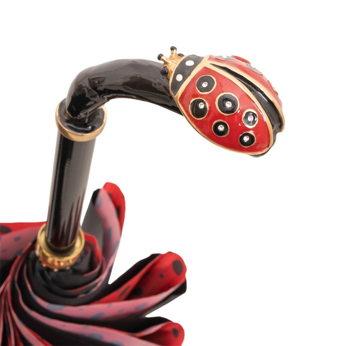 Stylish ladybug handle black umbrella with red interior fabric