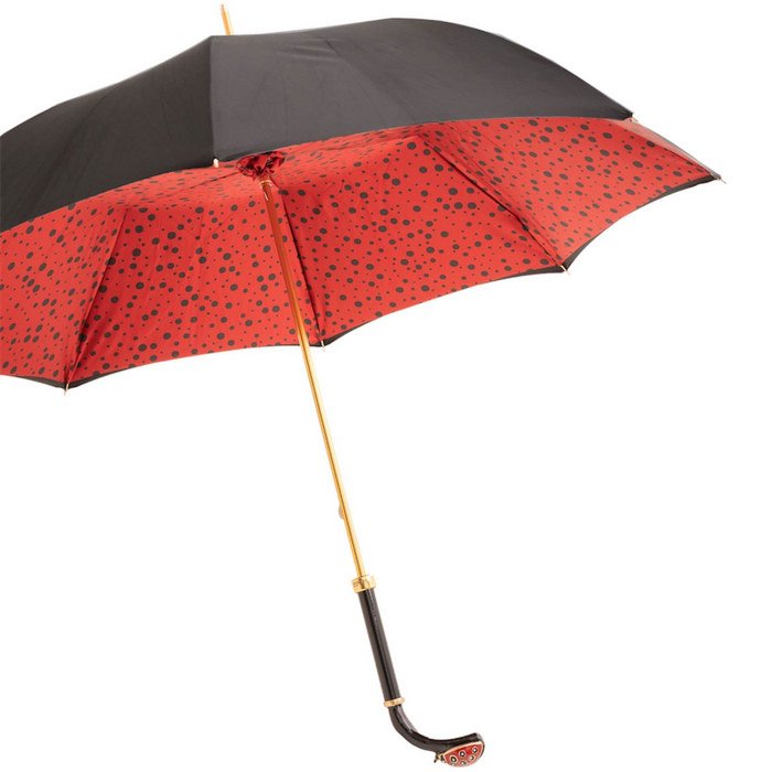 Elegant ladybug handle umbrella black exterior red interior