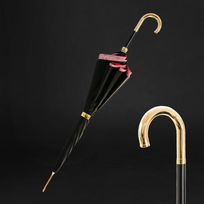 Red Circles Black Classic Golden Brass Handle Umbrella