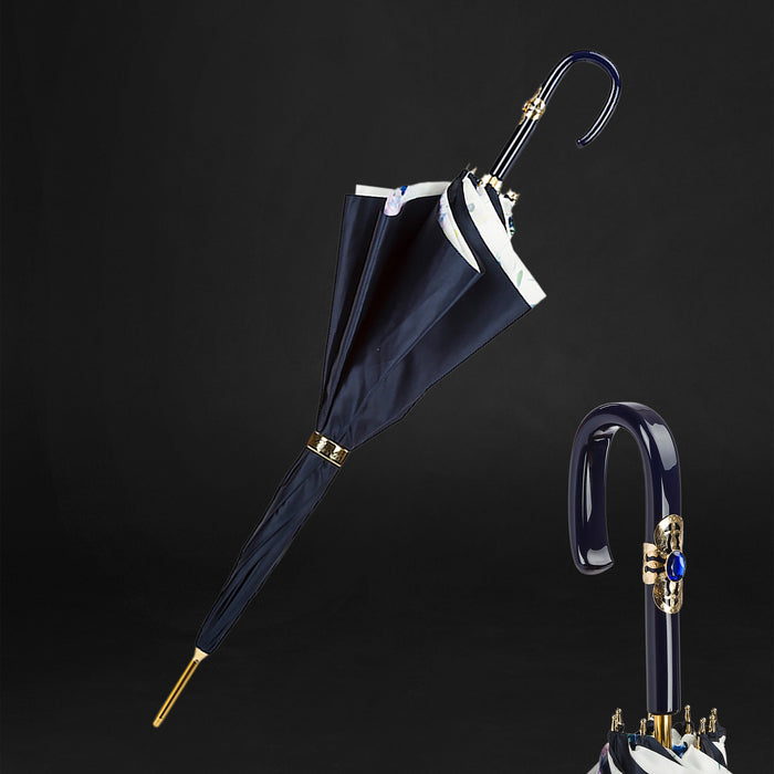 Acetate Handle Double Cloth Navy Umbrella with Flowers