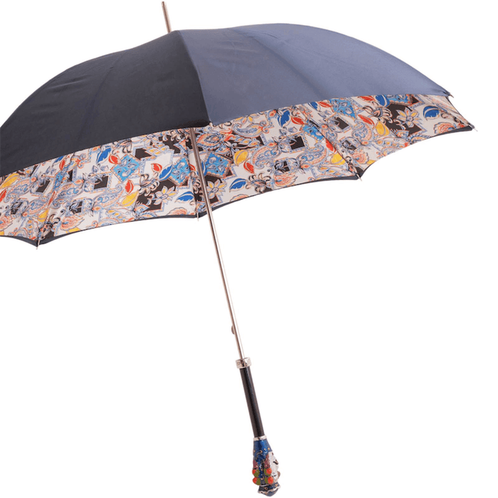 Sicilian Head Handle Blue Canopy Umbrella with Printed Interior