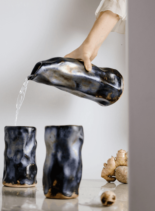 Obsidian Blue Ceramic Pitcher & Cups Set - Modern Design