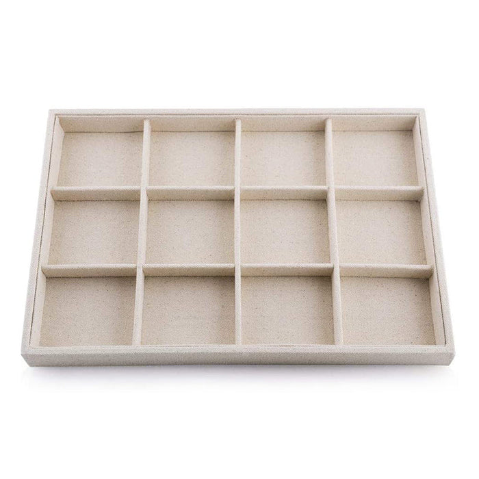 Linen stackable jewelry display tray with 12 grids