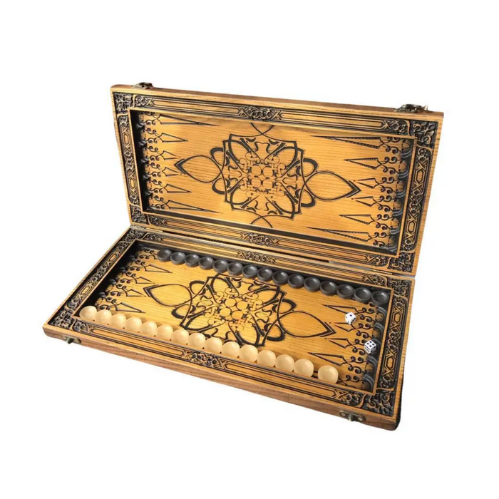 Wooden backgammon board featuring horse motif, custom design