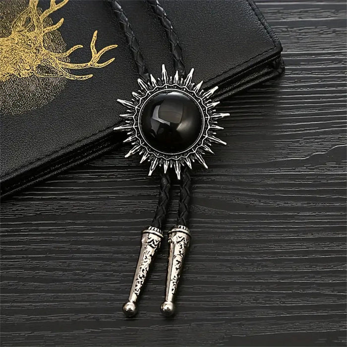 Black Agate Bolo Tie Sunflower Shape Bolo Ties Men's Bolo Necktie