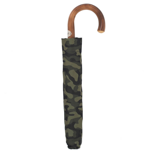 green camouflage folding umbrella with wooden handle 