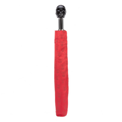 luxury red folding umbrella with black skull handle