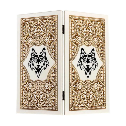 Luxury white acrylic stone backgammon set with Wolf motif
