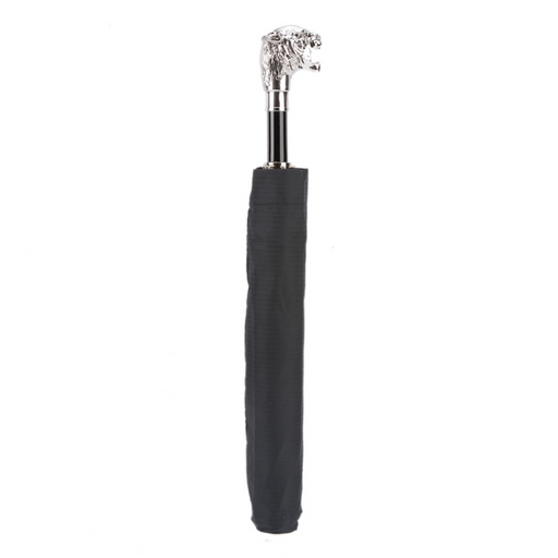 designer black folding umbrella with silver tiger handle 