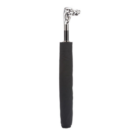 fashionable black folding umbrella with silver dog handle