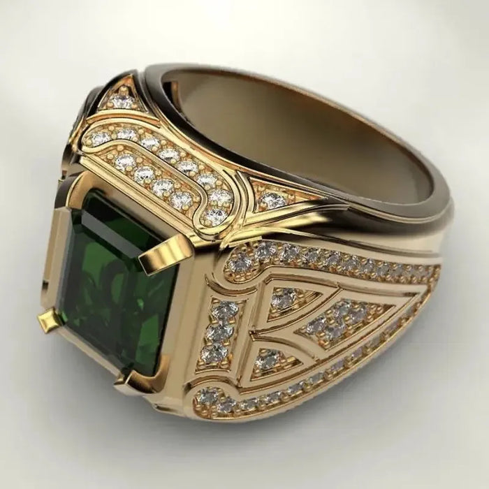 Vintage Golden Ring with Green Gemstone & Crystal Accents