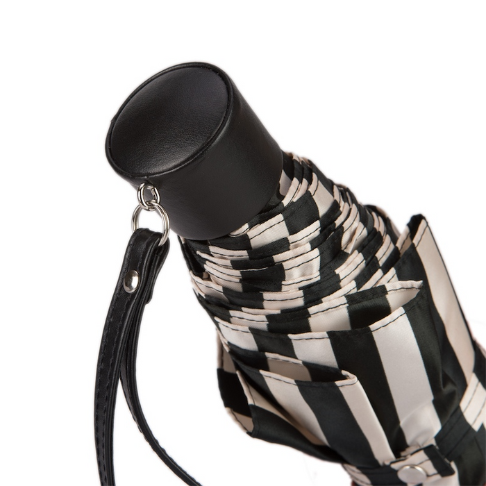 B&W Stripe Leather Handle Classic Folding Umbrella