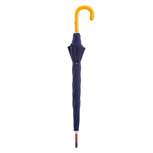 leather handle bespoke navy umbrella with yellow dots