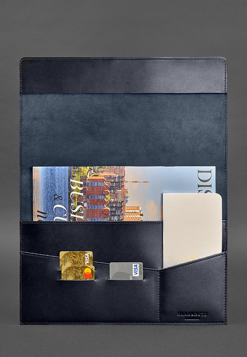 Handmade Dark Blue Leather Folder for Documents A4 on Magnets