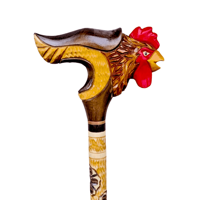 Rooster Charm Hand-Carved Walking Cane, Ergonomic Grip