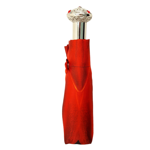 Red Flower Women's Folding Umbrella with Silver-plated Handle