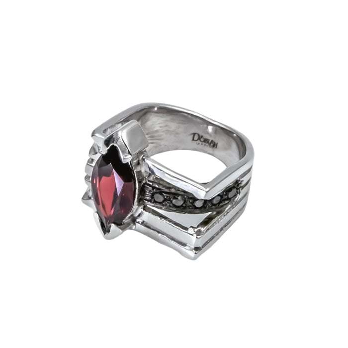 Unique Artisan Jewelry Handmade Silver Ring with Garnet, Diamond, and Black Diamond